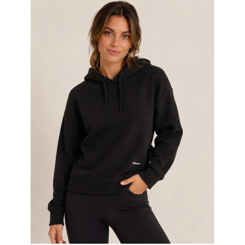 DKNY Tech Waffle Hoodie Black Long Sleeve Thermal Pullover Womens XS Casual - Picture 4 of 9